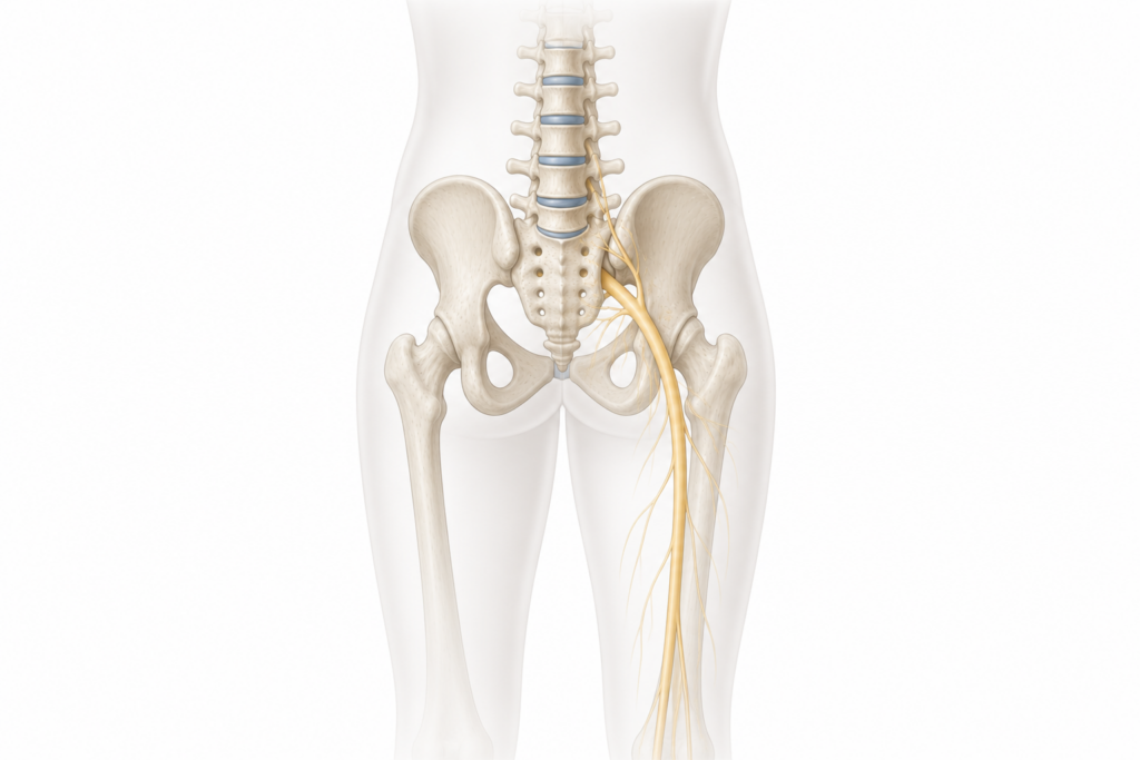Ischias Nerv Verlauf vom unteren Rücken ins Bein – anatomische Darstellung